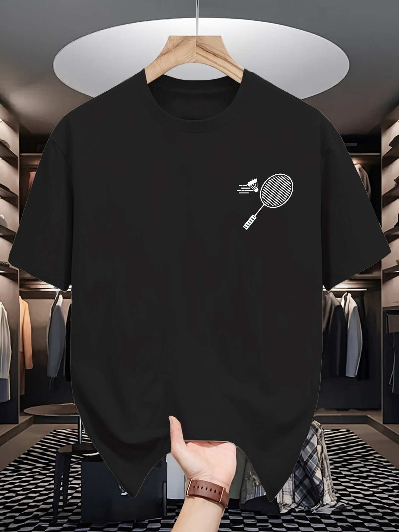 Badminton Asia - Herren-T-Shirt mit Rundhalsausschnitt, minimalistischer Badminton-Schläger- und